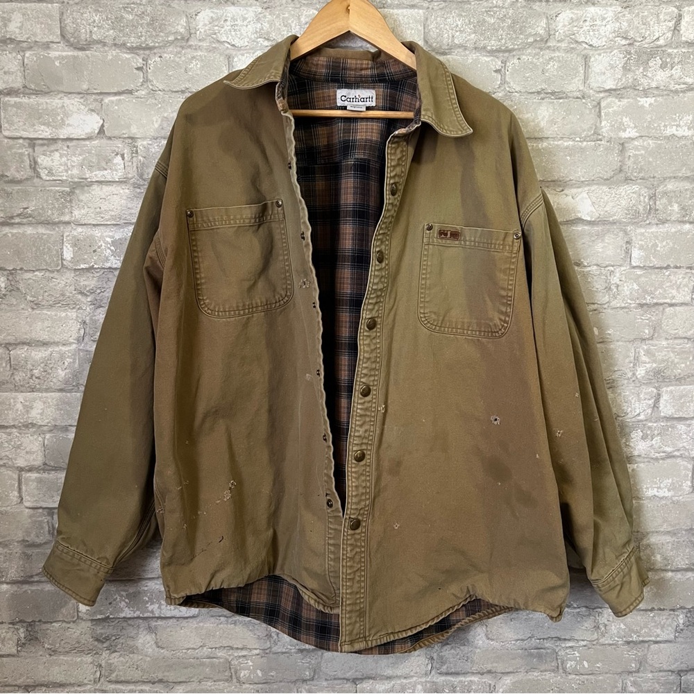 Vintage Carhartt Men's XL S96 Brown Duck Canvas Shirt Jacket Flannel Lined Snap